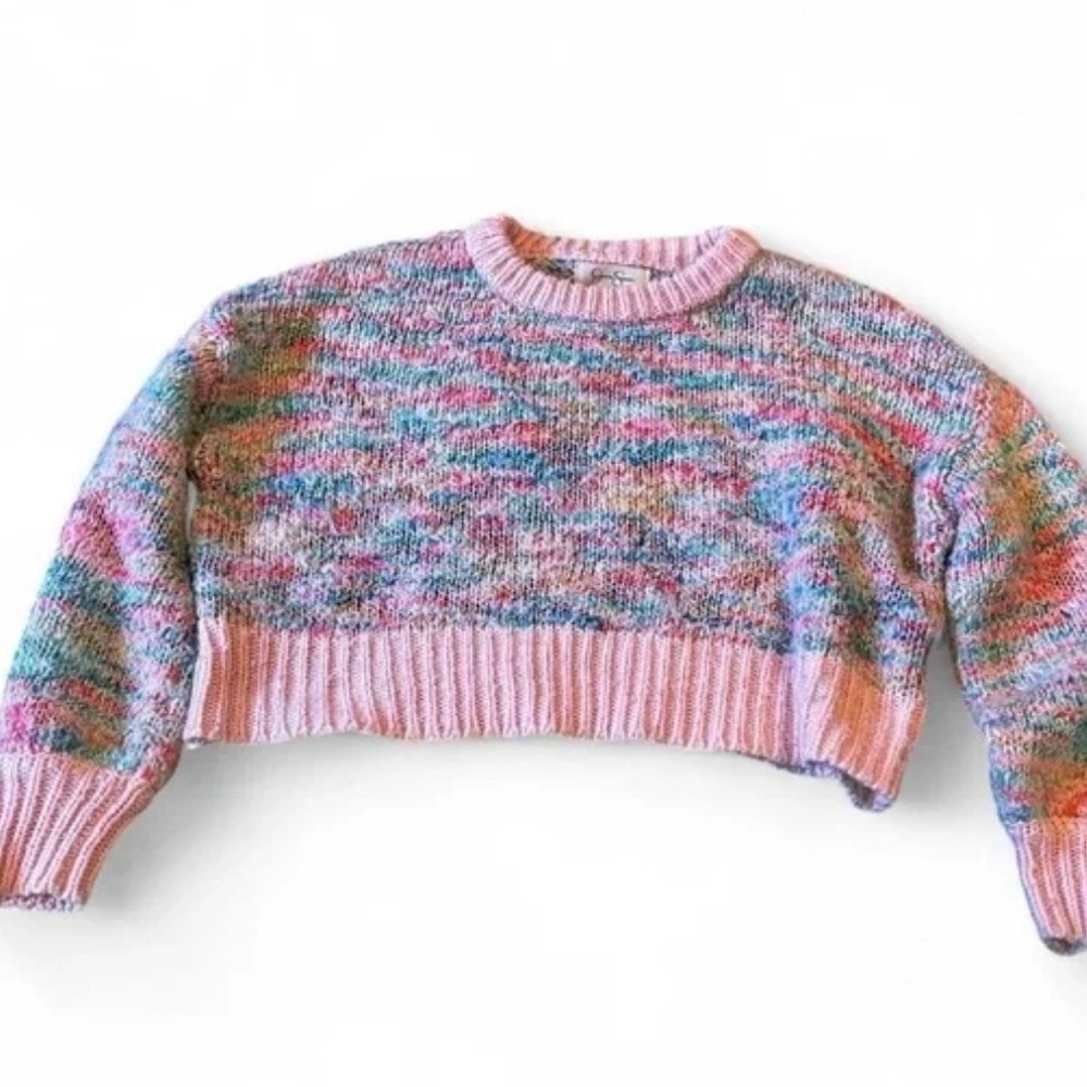 Jessica Simpson XS Cropped Sweater Chunky Knit Pastel Pink Multicolor Rainbow - Picture 2 of 7